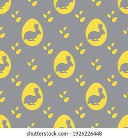 Vector seamless pattern Happy Easter. Easter eggs with Bunny, leaves. Festive background. Surprise Hunt for Easter eggs. Fun game for children. Design for Illuminating and Ultimate Gray.