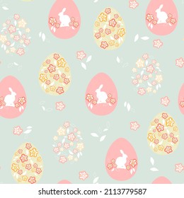 Vector seamless pattern of Happy Easter. Delicate pattern with Easter eggs and plants. Design for festive packaging, banners, printing, paper.
