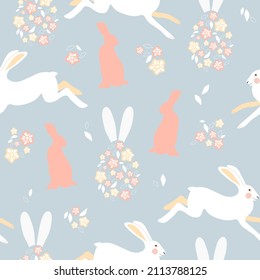 Vector seamless pattern of Happy Easter. Delicate pattern with Easter eggs, plants and bunny. Design for festive packaging, banners, printing, paper.