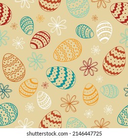 Vector seamless pattern for happy Easter day with decorative hand drawn eggs and flowers for fabric print, textilex wrapping paper