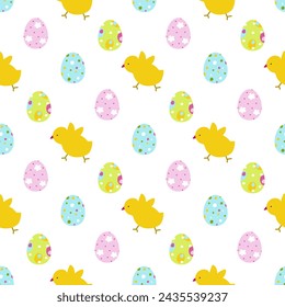 Vector seamless pattern Happy Easter with yellow chicken and easter eggs on a white background..
