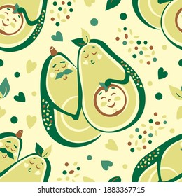 Vector seamless pattern happy family of avocados. Two halves of an avocado in love and a baby bone. Design for printing on children's clothing, textiles, paper, packaging, wallpaper.