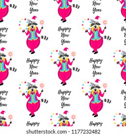 Vector seamless pattern with happy juggling raccoon in pink showman costume and santa hat with sparkler isolated on the white background. Text Happy New Year.