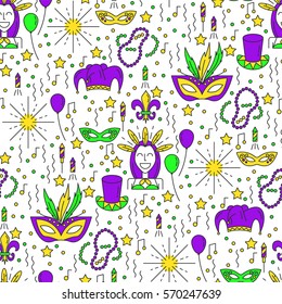 Vector seamless pattern Happy Mardi Gras in trendy linear style. Colorful print for your design. Carnival background