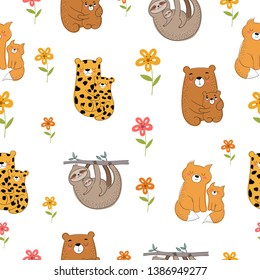 Vector seamless pattern. Happy Mother's Day. Mom animal with a child. Perfect for postcard, label, brochure, flyer, page, banner design