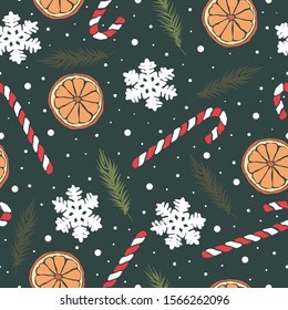 Vector seamless pattern of Happy New Year and Christmas Day. For wrapping paper, fabric, background. Winter season color outline backdrop with flat symbols. Xmas holidays items and accessories. 
