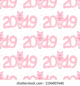 Vector seamless pattern of a happy pig in love, holding a heart and standing between bubbly text 2019 with stars. Isolated on the white background.