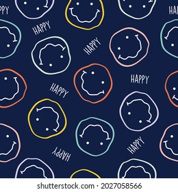 Vector seamless pattern with happy smileys colorful. Smiling emoticons. Hand drawn trendy Vector illustration for kids. Good for Fabric, textile, giftware, wallpaper, for book design and more