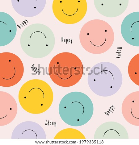 Vector seamless pattern with happy smileys colorful. Smiling emoticons. Hand drawn trendy Vector illustration for kids. Good for Fabric, textile, giftware, wallpaper, for book design and more