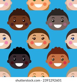 Vector seamless pattern with happy smiling children's faces. Illustration in flat style