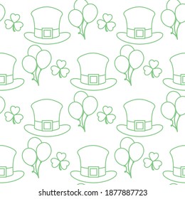 Vector seamless pattern Happy St. Patrick's Day illustration Ireland Shamrock Hat Balloon Irish Holiday Party Festive background Design for greeting card, fabric, print, wrapping paper