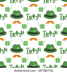 Vector seamless pattern Happy St. Patrick's Day illustration Ireland Shamrock Mustache Hat Lettering Irish Holiday Party Festive Design for greeting card, fabric, print, wrapping paper