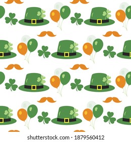 Vector seamless pattern Happy St. Patrick's Day illustration Ireland Shamrock Hat Mustache Balloon Irish Holiday Party Festive background Design for greeting card, fabric, print, wrapping paper