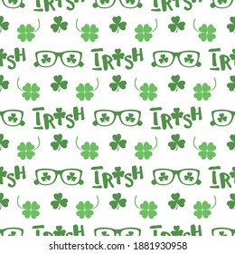 Vector seamless pattern Happy St. Patrick's Day illustration Ireland Shamrock Clover leaf Glasses Lettering Irish Holiday Party Festive Design for greeting card, fabric, print, wrapping paper