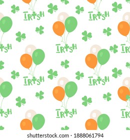 Vector seamless pattern Happy St. Patrick's Day illustration Ireland Shamrock Clover leaf Balloon Lettering Irish Holiday Party Festive Design for greeting card, fabric, print, wrapping paper