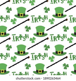 Vector seamless pattern Happy St. Patrick's Day illustration Ireland Shamrock Clover leaf Shillelagh walking stick Lettering Irish Holiday Party Festive Design for card, fabric, print, wrapping paper