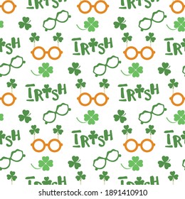 Vector seamless pattern Happy St. Patrick's Day illustration Ireland Shamrock Clover leaf Glasses Lettering Irish Holiday Party Festive Design for greeting card, fabric, print, wrapping paper