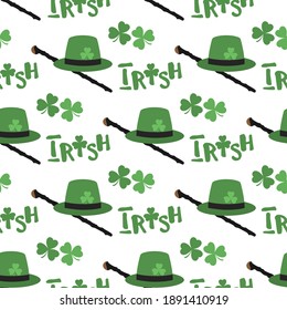 Vector seamless pattern Happy St. Patrick's Day illustration Ireland Shamrock Clover leaf Shillelagh walking stick Lettering Irish Holiday Party Festive Design for card, fabric, print, wrapping paper