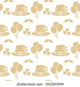 Vector seamless pattern Happy St. Patrick's Day illustration Ireland Shamrock Hat Mustache Balloon Irish Holiday Party Festive background Design for greeting card, fabric, print, wrapping paper