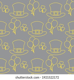 Vector seamless pattern Happy St. Patrick's Day illustration Ireland Shamrock Hat Balloon Irish Holiday Party Festive background Design for greeting card, fabric, Illuminating and Ultimate Gray.