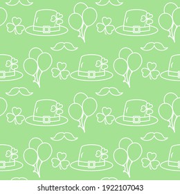 Vector seamless pattern Happy St. Patrick's Day illustration Ireland Shamrock Hat Mustache Balloon Irish Holiday Party Festive background Design for greeting card, fabric, print, wrapping paper