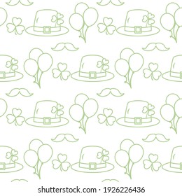 Vector seamless pattern Happy St. Patrick's Day illustration Ireland Shamrock Hat Mustache Balloon Irish Holiday Party Festive background Design for greeting card, fabric, print, wrapping paper