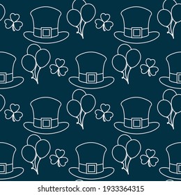 Vector seamless pattern Happy St. Patrick's Day illustration Ireland Shamrock Hat Balloon Irish Holiday Party Festive background Design for greeting card, fabric, print, wrapping paper