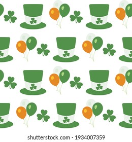 Vector seamless pattern Happy St. Patrick's Day illustration Ireland Shamrock Hat Balloon Irish Holiday Party Festive background Design for greeting card, fabric, print, wrapping paper