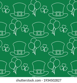 Vector seamless pattern Happy St. Patrick's Day illustration Ireland Shamrock Hat Balloon Irish Holiday Party Festive background Design for greeting card, fabric, print, wrapping paper