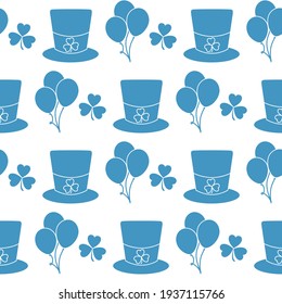 Vector seamless pattern Happy St. Patrick's Day illustration Ireland Shamrock Hat Balloon Irish Holiday Party Festive background Design for greeting card, fabric, print, wrapping paper