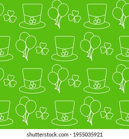 Vector seamless pattern Happy St. Patrick's Day illustration Ireland Shamrock Hat Balloon Irish Holiday Party Festive background Design for greeting card, fabric, print, wrapping paper