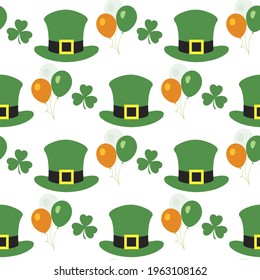 Vector seamless pattern Happy St. Patrick's Day illustration Ireland Shamrock Hat Balloon Irish Holiday Party Festive background Design for greeting card, fabric, print, wrapping paper