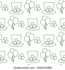 Vector seamless pattern Happy St. Patrick's Day illustration Ireland Shamrock Hat Balloon Irish Holiday Party Festive background Design for greeting card, fabric, print, wrapping paper