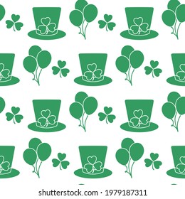 Vector seamless pattern Happy St. Patrick's Day illustration Ireland Shamrock Hat Balloon Irish Holiday Party Festive background Design for greeting card, fabric, print, wrapping paper