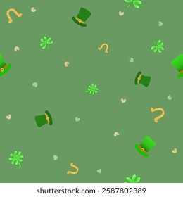 Vector - Seamless pattern of Happy St. Patrick's Day. Sharmrock, four clover leaves. Seasonal greeting. Can be use for background, fabric, print, paper, wrapping, web.