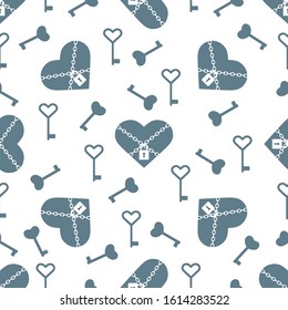 Vector seamless pattern Happy Valentine's Day Heart with chain on the lock, keys. Romantic background. Love, relationship, dating concept. Greeting card. Design for banner, poster or print.