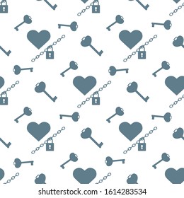Vector seamless pattern Happy Valentine's Day Heart with chain on the lock, keys. Romantic background. Love, relationship, dating concept. Greeting card. Design for banner, poster or print.