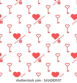 Vector seamless pattern Happy Valentine's Day Heart with chain on the lock, keys. Romantic background. Love, relationship, dating concept. Greeting card. Design for banner, poster or print.