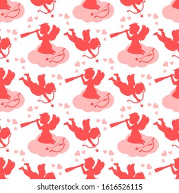 Vector seamless pattern Happy Valentine's Day Cupid shoots bow, angel sits on cloud, looks into a telescope, hearts, arrow Wedding Romance, feelings Love, relationship, dating concept Design for print