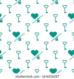 Vector seamless pattern Happy Valentine's Day Heart with chain on the lock, keys. Romantic background. Love, relationship, dating concept. Greeting card. Design for banner, poster or print.