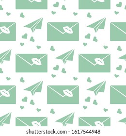 Vector seamless pattern Happy Valentine's Day. Envelope with lipstick kiss, paper airplane, hearts. Love letter. Romantic background. Wedding, feelings. Relationship concept. Design for fabric, print