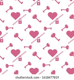 Vector seamless pattern Happy Valentine's Day Heart with chain on the lock, keys. Romantic background. Love, relationship, dating concept. Greeting card. Design for banner, poster or print.
