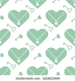 Vector seamless pattern Happy Valentine's Day Heart with chain on the lock, keys. Romantic background. Love, relationship, dating concept. Greeting card. Design for banner, poster or print.