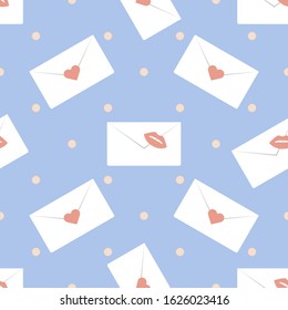 Vector seamless pattern Happy Valentine's Day. Envelope with lipstick kiss, hearts. Love letter. Romantic background Wedding, romance, feelings Relationship concept Design for packaging, fabric, print