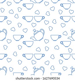 Vector seamless pattern Happy Valentine's Day Kettle, cup of tea, hearts. Romantic background. Love, relationship, dating concept. Greeting card. Design for party card, banner, poster or print.