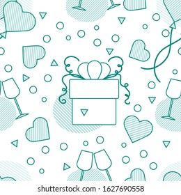 Vector seamless pattern Happy Valentine's Day, Wedding, Birthday, Wedding, Mother's day Father's day. Glasses, hearts, gift. Romantic background. Feelings Love Relationship. Design for fabric, print