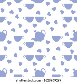 Vector seamless pattern Happy Valentine's Day Kettle, cup of tea, hearts. Romantic background. Love, relationship, dating concept. Greeting card. Design for party card, banner, poster or print.