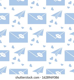 Vector seamless pattern Happy Valentine's Day. Envelope with lipstick kiss, paper airplane, hearts. Love letter. Romantic background. Wedding, feelings. Relationship concept. Design for fabric, print