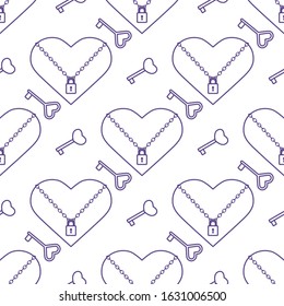 Vector seamless pattern Happy Valentine's Day Heart with chain on the lock, keys. Romantic background. Love, relationship, dating concept. Greeting card. Design for banner, poster or print.
