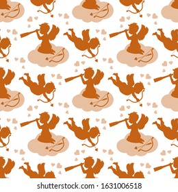 Vector seamless pattern Happy Valentine's Day Cupid shoots bow, angel sits on cloud, looks into a telescope, hearts, arrow Wedding Romance, feelings Love, relationship, dating concept Design for print